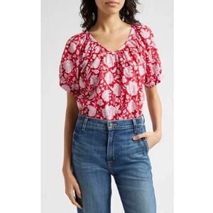 Mille Blouse Naomi Cotton Floral Print Puff Sleeve Top Red Zinnia